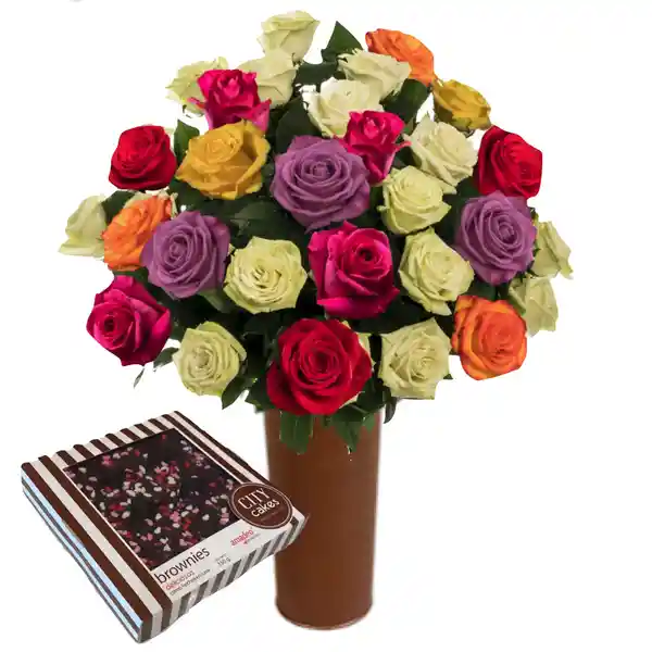 Jasmine 25 Rosas Surtidas De Exportación + Caja De Brownies