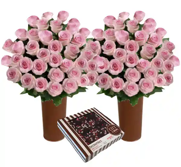 50 Rosas Rosadas de Exportación + Caja de Brownies