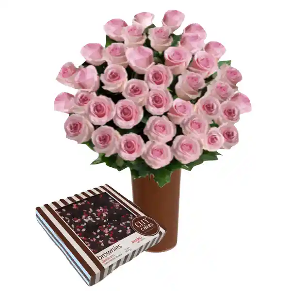 25 Rosas Rosadasde Exportación + Caja de Brownies