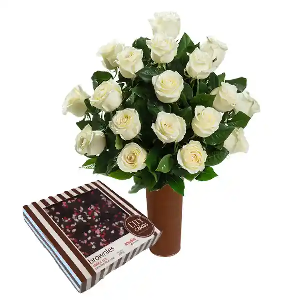 25 Rosas Blancas de Exportación + Caja de Brownies