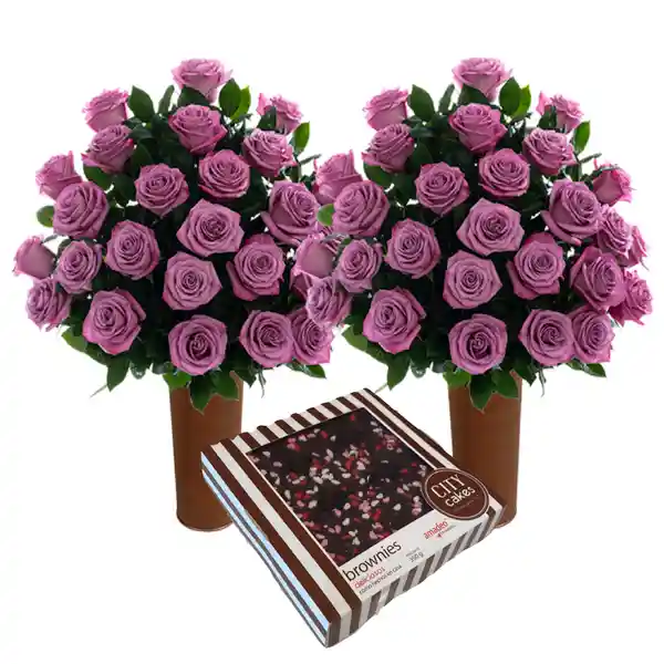 50 Rosas Lavanda De Exportación + Caja De Brownies