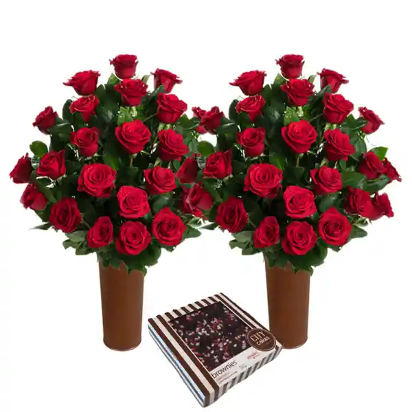 50 Rosas Rojas de Exportación + Caja de Brownies