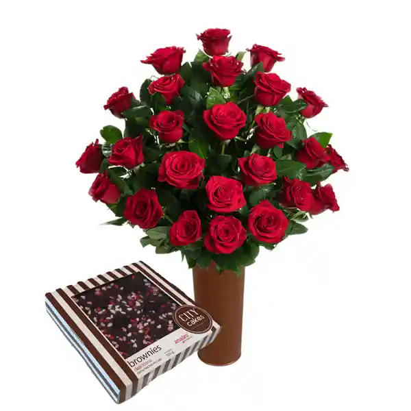 25 Rosas Rojas De Exportación + Caja De Brownies