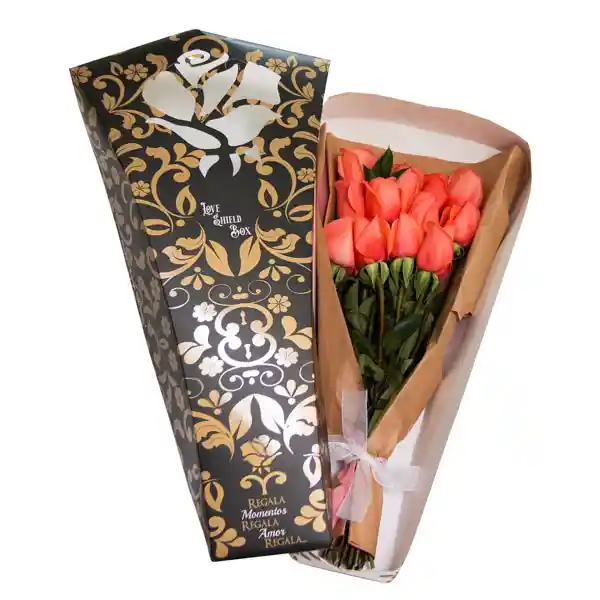 Flores Entre Arreglo Floral Caja 12 Rosas Salmon