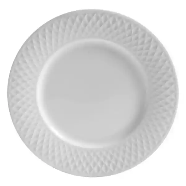 Plato Pando Elaborado en Porcelana. Color Blanco. Superficie Interna Lisa. Bordes Rugosos. Diseño de Rombos Con Relieve. Forma Redonda. 17.5  cm. Sku 1234567891110