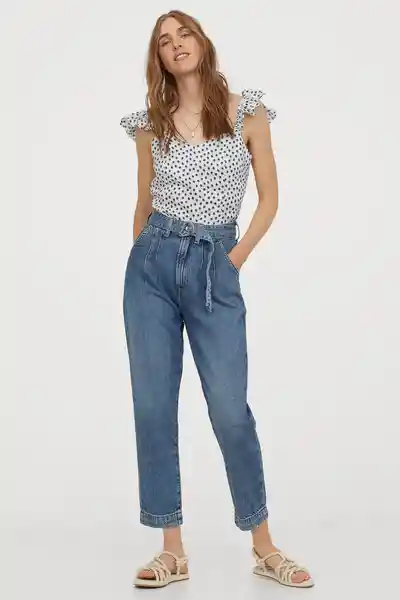 H&M Jean Mom Fit Hw Belted Azul