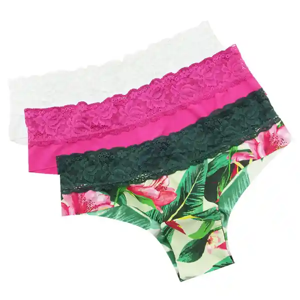 Lili Pink Pack Panty Hipster Blanco Rosado Print Verde S