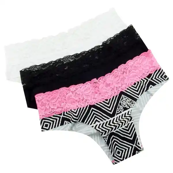 Lili Pink Pack Panty Hipster Blanco Negro Print Con Rombo M