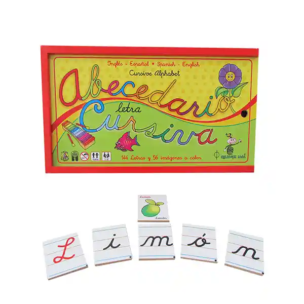 Abecedario en letra cursiva en madera