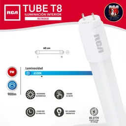 tubo led t8 60cm 9w rca luz blanca 900lm 87/277v  vidrio grueso