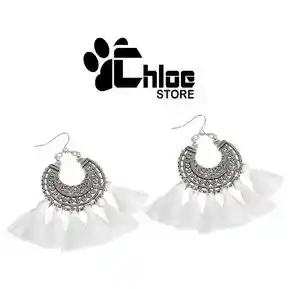 Aretes Largo Redondo Con Flecos Blanco