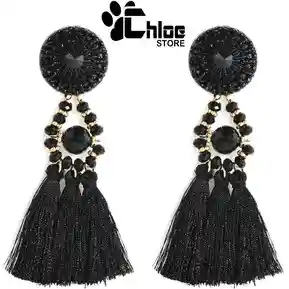 Aretes Largos Con Flecos Negros Para Mujer