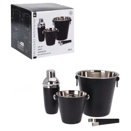 Juego Completo de Cocteleria Contiene: Coctelera Con Tapa 1 Und + Colador 1 Und + Cubeta de Hielo 1 Und + Cubeta de Vino 1 Und + Pinza 1 Und. en un Atractivo Diseño Negro / Acero Inoxidable. Material: Acero Inoxidable. Superficie Negra Mate, Partes Interna