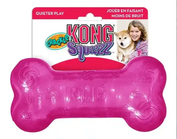 Juguete Goma Crujiente Kong Squeezz Crackle Bone M Rosa