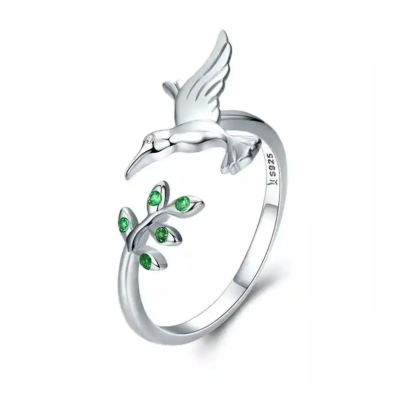 Anillo Ajustable Para Mujer Pájaro Colibrí Rama En Plata 925