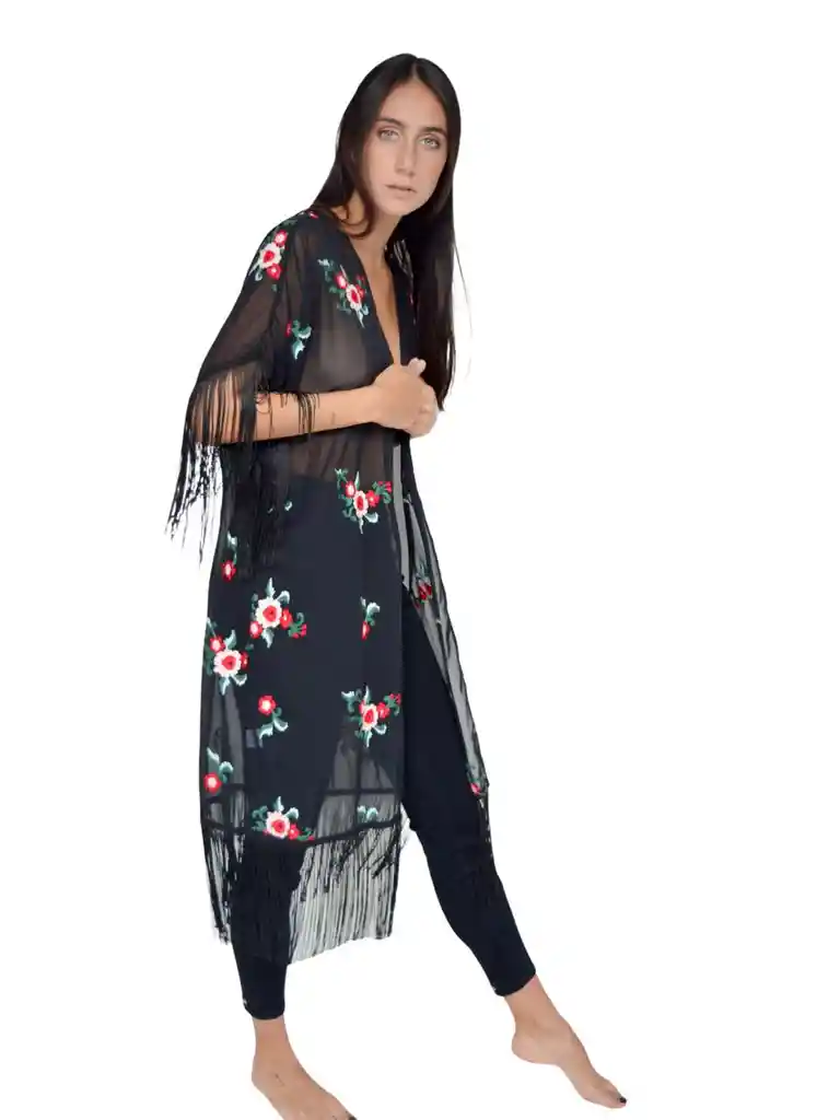 kimono negro flecos bordado flores 