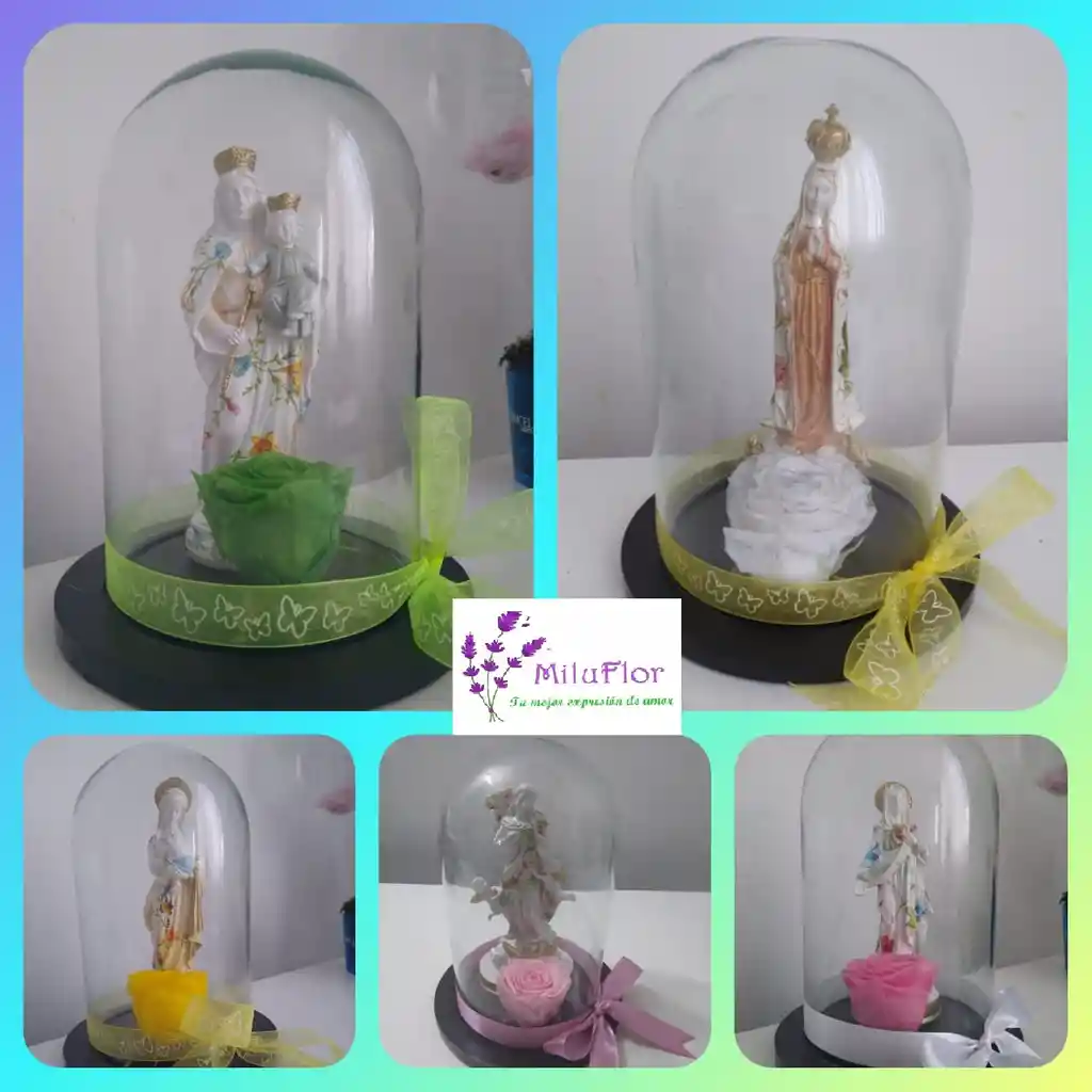 IMAGEN VIRGENCITA EN DOMO DE  CRISTAL Y ROSA PRESERVADA