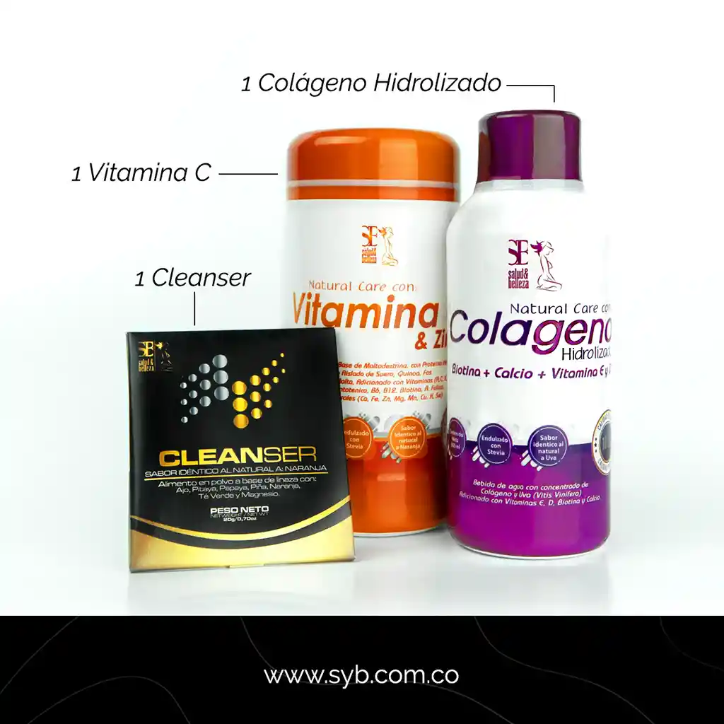 KIT 1 COLÁGENO + 1  VITAMINA C + 1 CLEANSER