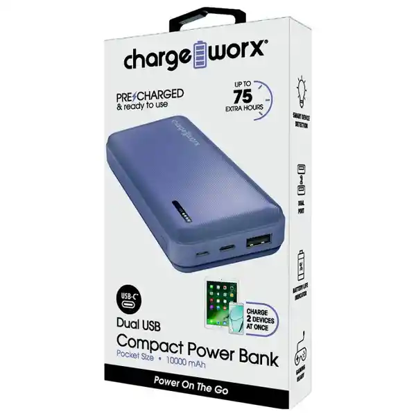 10, 000Mah. Batería Portal (Power Bank) Gris. Duración de Hasta 75 Horas. Carga 2 Dispositivos en 1. Dual Usb. Sku 210930. Sku 643620028124