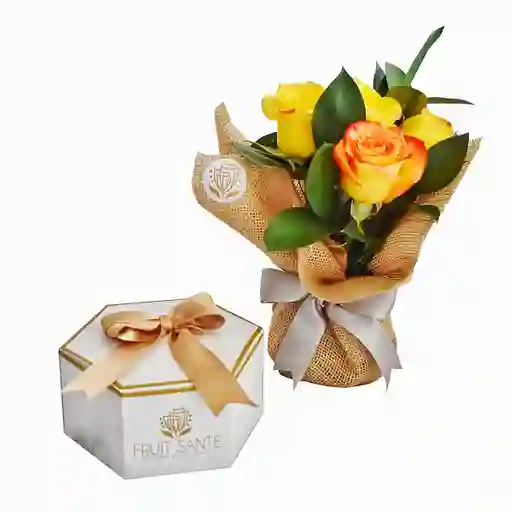 Mini Bouquet De Rosas Amarillas + Caja De Fresas Premium Con Chocolate X 3 Unidades