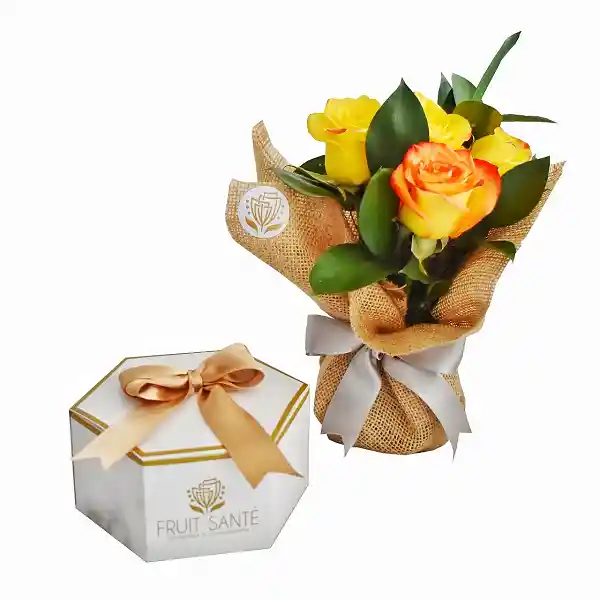 Mini Bouquet De Rosas Amarillas + Caja De Fresas Premium Con Chocolate X 3 Unidades