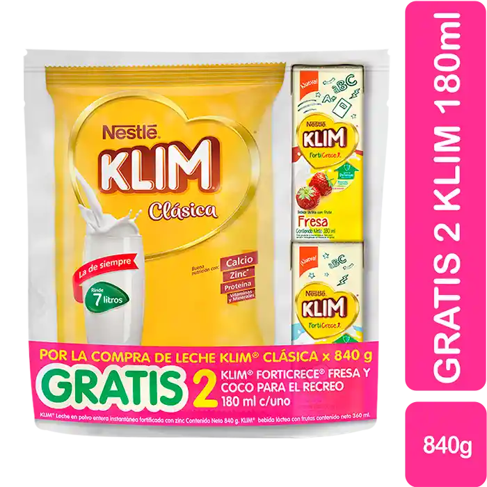 Leche en Polvo KLIM® Clásica bolsa x 840g + GRATIS 2 KLIM Bebida Lactea