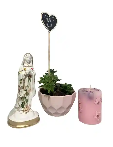 Regalo Mamá, Vela + Virgen + Plantas Suculenta