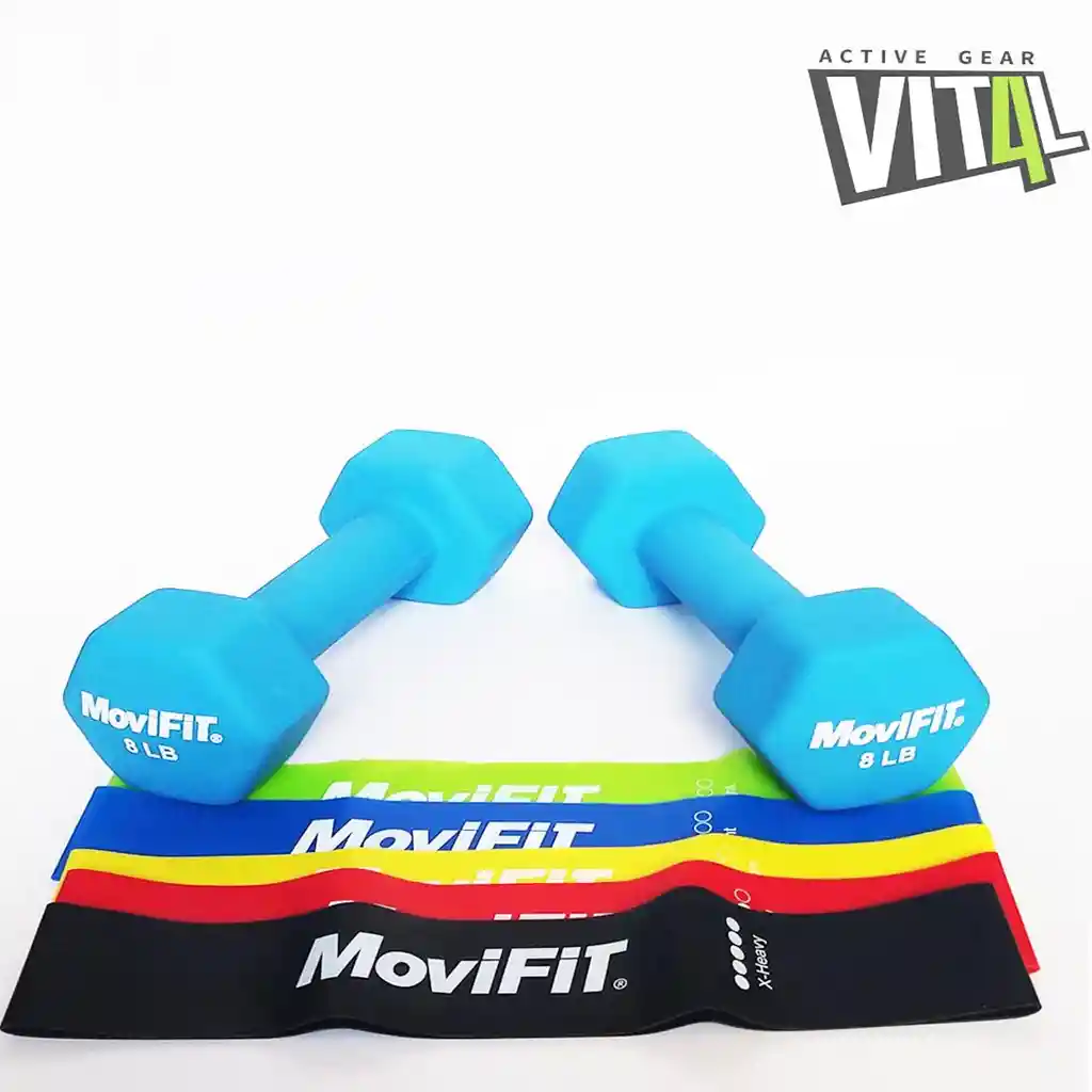 Movifit Combo Mancuernas 8Lb Neopreno + Set Bandas 5 Niveles