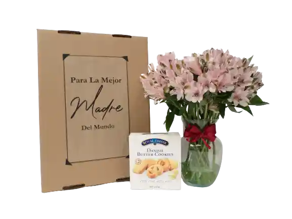 Bouquet Flores Frescas, Caja De Regalo, Jarrón Y Galletas Danesas