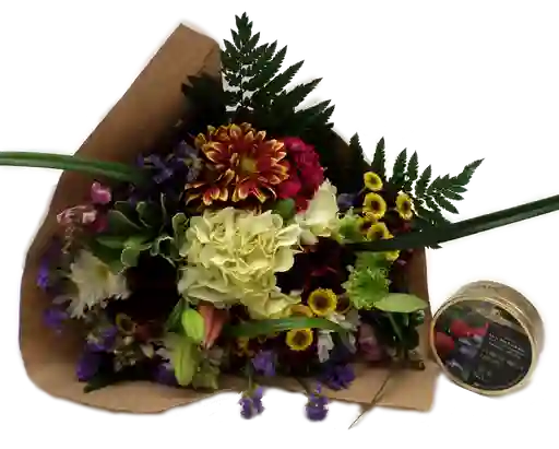 Caja De Regalo Bouquet Flores De Temporada + Simpkins Dulces