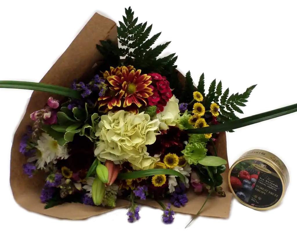 Caja De Regalo Bouquet Flores De Temporada + Simpkins Dulces