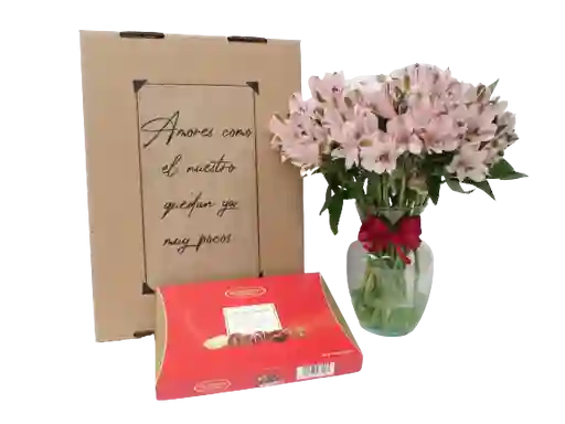 Caja DE REGALO .:ALSTROEMERIAS rosadas+JARRÓN+chocolatesPRALINE