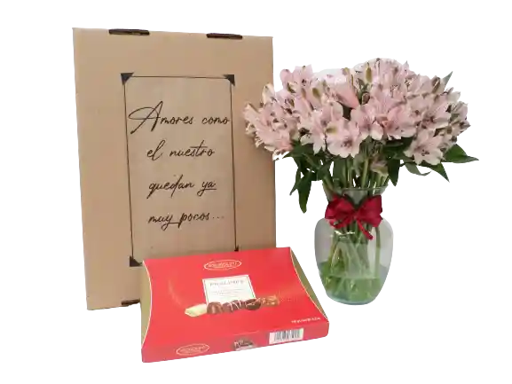 Caja DE REGALO .:ALSTROEMERIAS rosadas+JARRÓN+chocolatesPRALINE