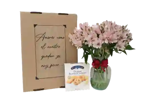 Caja De Regalo Flores Frescas, Jarrón Y Galletas Danesas