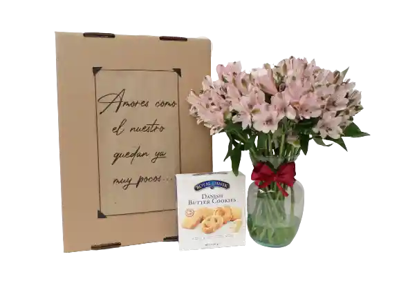 Caja De Regalo Flores Frescas, Jarrón Y Galletas Danesas