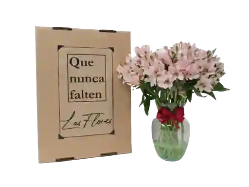 Caja DE REGALO + Bouquet de Flores en Tonos rosados +JARRÓN