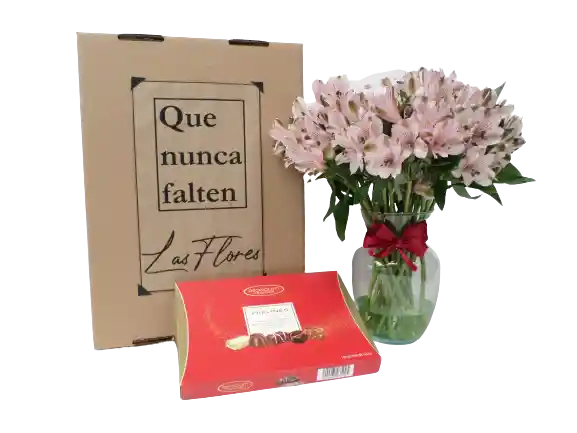 Caja DE REGALO .:ALSTROEMERIAS rosadas+JARRÓN+chocolatesPRALINE