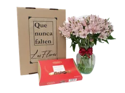Caja DE REGALO .:ALSTROEMERIAS rosadas+JARRÓN+chocolatesPRALINE