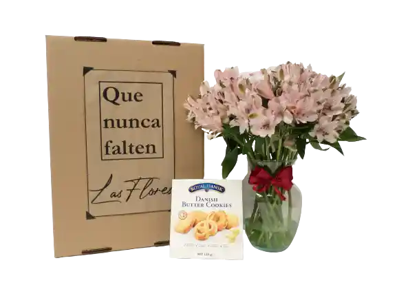 Caja De Regalo Flores Frescas, Jarrón, Galletas Danesas Royal Dansk