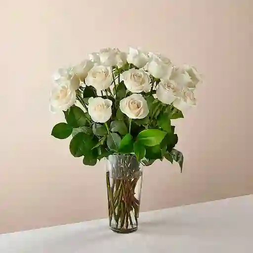 18 Rosas Blancas Tallo Largo + Jarrón Vidrio