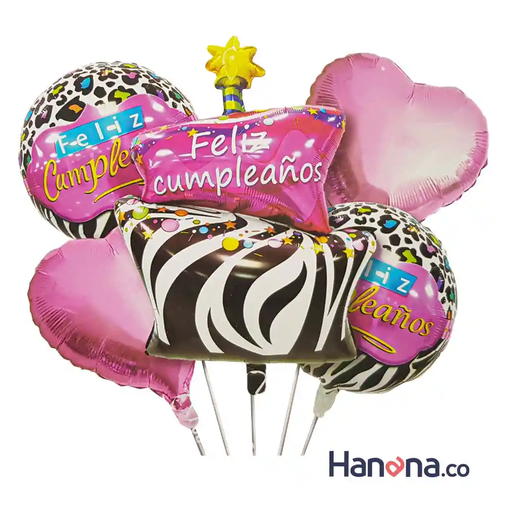 GLOBO SET FELIZ CUMPLEAÑOS TORTA ANIMAL PRINT 5PC