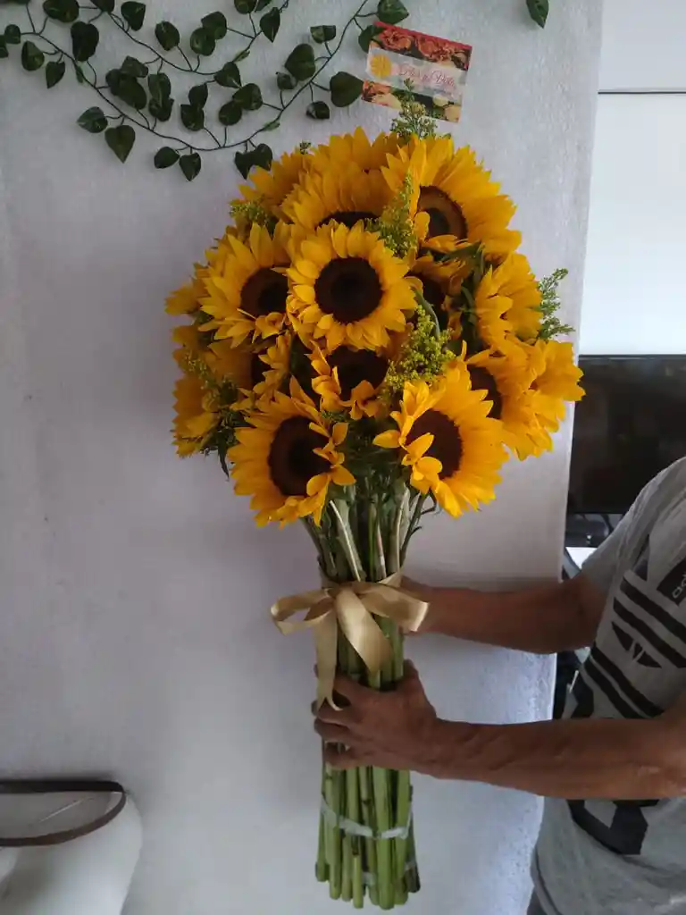 24 girasoles en bouquet con follaje