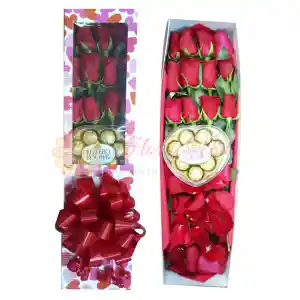12 rosas en caja con ferrero corazón x8 + decoración