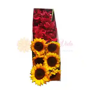 Petalos 6 Girasoles En Caja Con Manta. Follaje. Y Moño