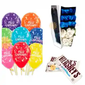 12 rosas azules en caja + 8 globos en helio + 1 hersheys perso