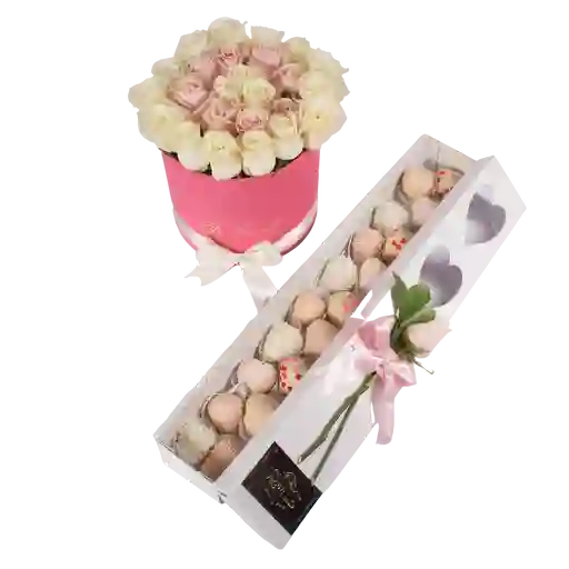 Cilindro rosas De Exportación + caja 18 fresas achocolatadas