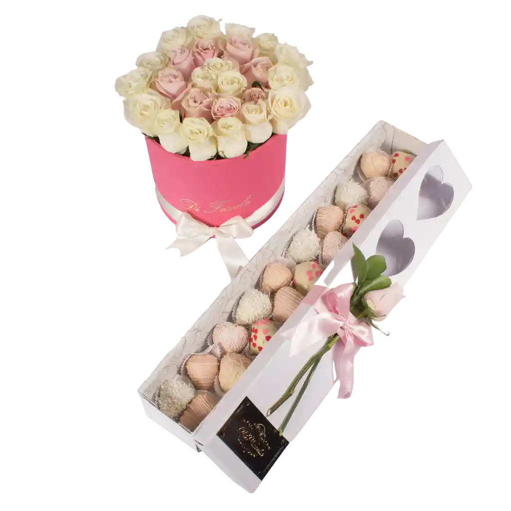 Cilindro rosas De Exportación + caja 18 fresas achocolatadas