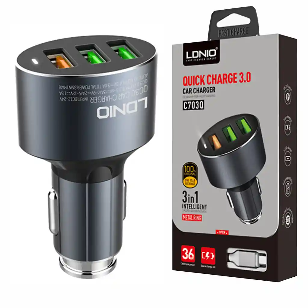 Ldnio Cargador Carro C703Q X3 Usb Qc 3.0 Y Auto-Id 2.4A +Cable