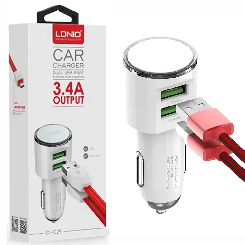 Cargador Cigarrera De Carro X2 Usb 3.4a Carga Rápida + Cable