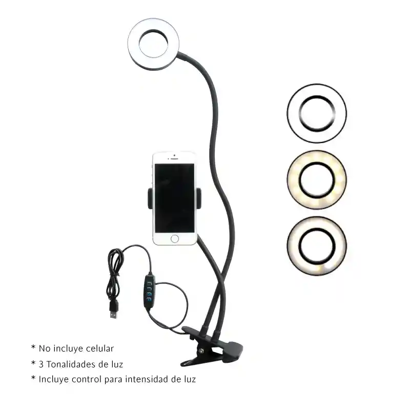 Aro de luz led de 9cm con soporte clip color negro